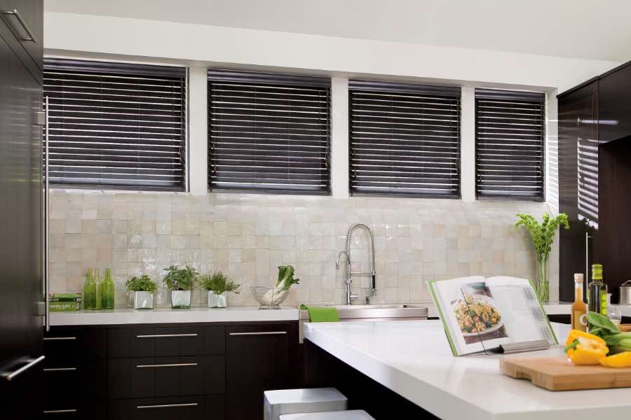 Black blinds on kitchen windows