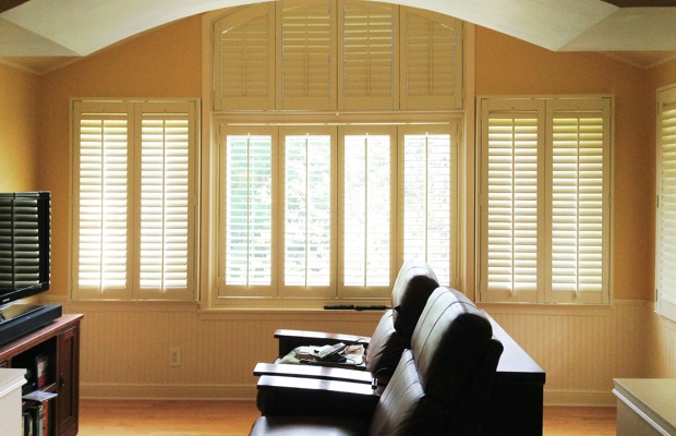 Sacramento plantation shutters in home theater