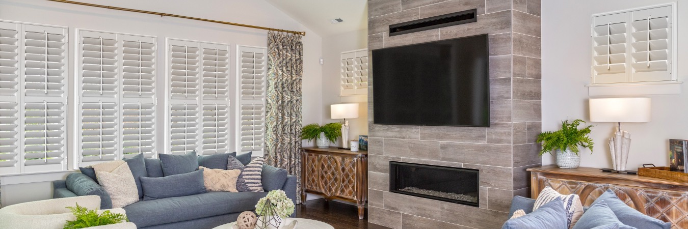 Plantation shutters in Rancho Murieta living room with fireplace