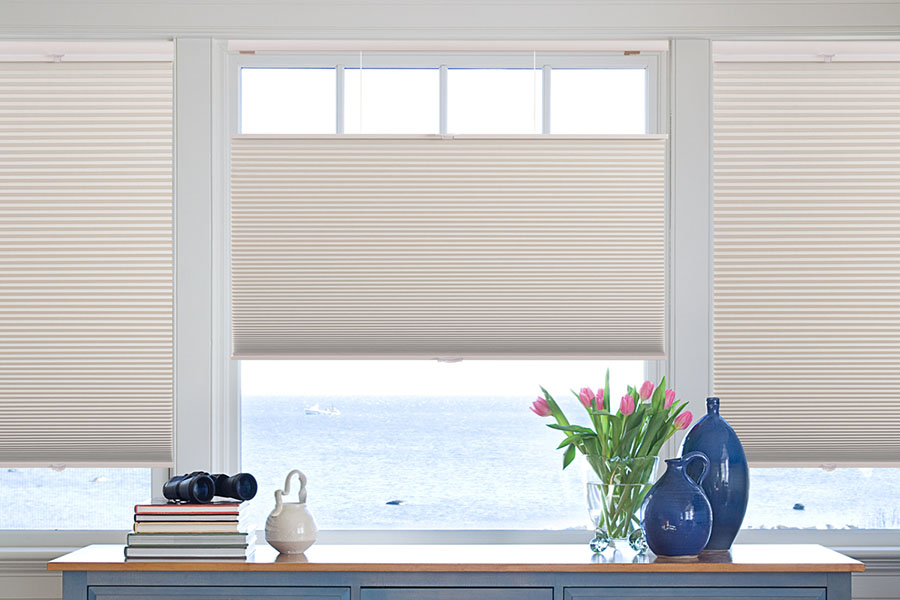 Cellular shades are stylish yet functional for your large picture windows. Beige cellular shades on a large picture window with a beach scene.