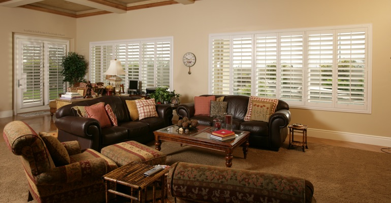 Shutters can let in as much light as you need. Sacramento family room with polywood shutters.