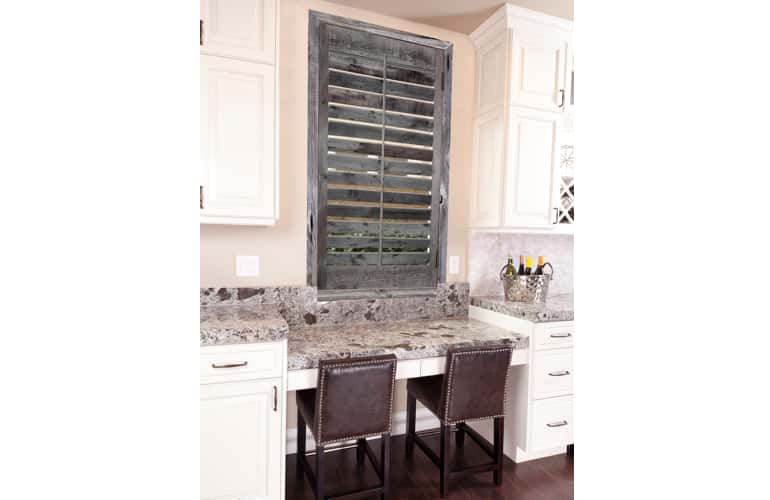 Reclaimed wood shutters on kitchen window in Sacramento
