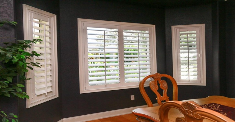 White Polywood Shutters In Dining Room With Dark Paint White Polywood Shutters In Dining Room With Dark Paint