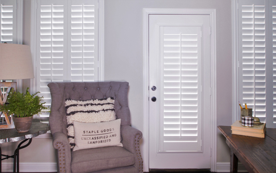 Interior shutters are beautiful and durable window treatments for glass doors in Sacramento. Polywood shutters on a door
